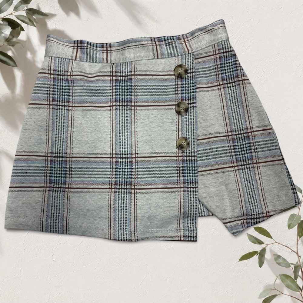 Y2K Plaid Skort Blue Grey Preppy Schoolgirl Button Wrap Mini Skirt Small